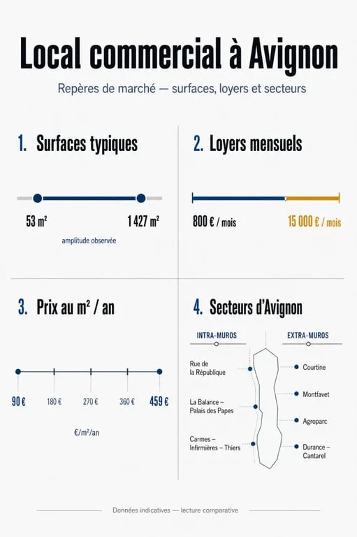 Local commercial avignon : visuel comparatif des secteurs, loyers et surfaces clés