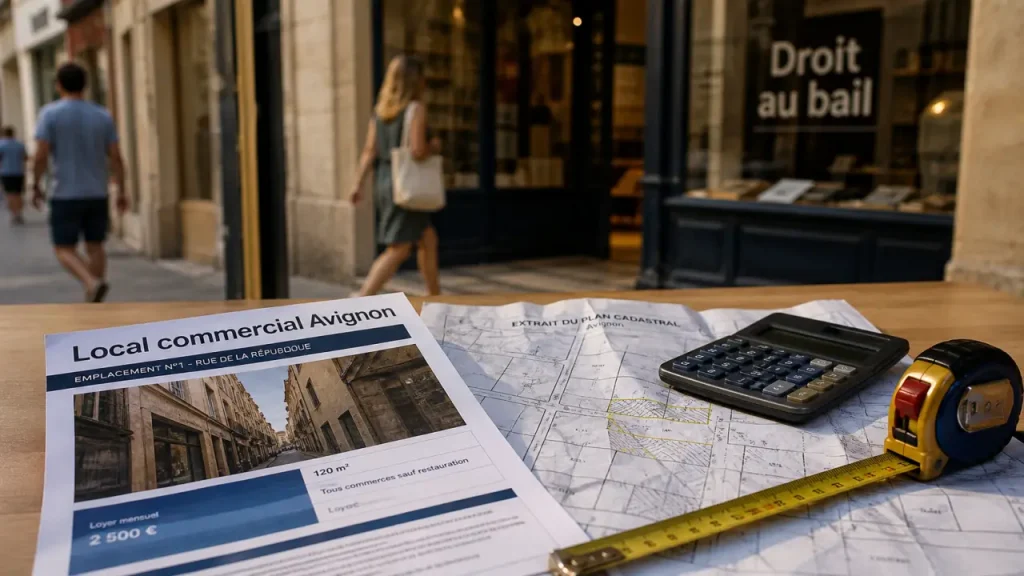Local commercial Avignon : droit au bail, annonce et plan sur table