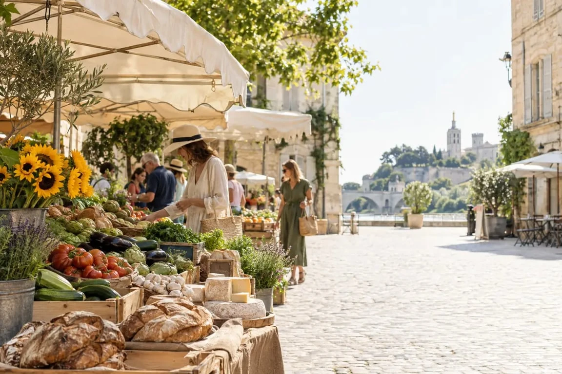 Marchés d'Avignon alentours avec étals de produits provençaux