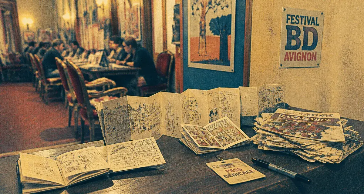 festival bd avignon 2025, table de dédicaces et BD en salle des fêtes