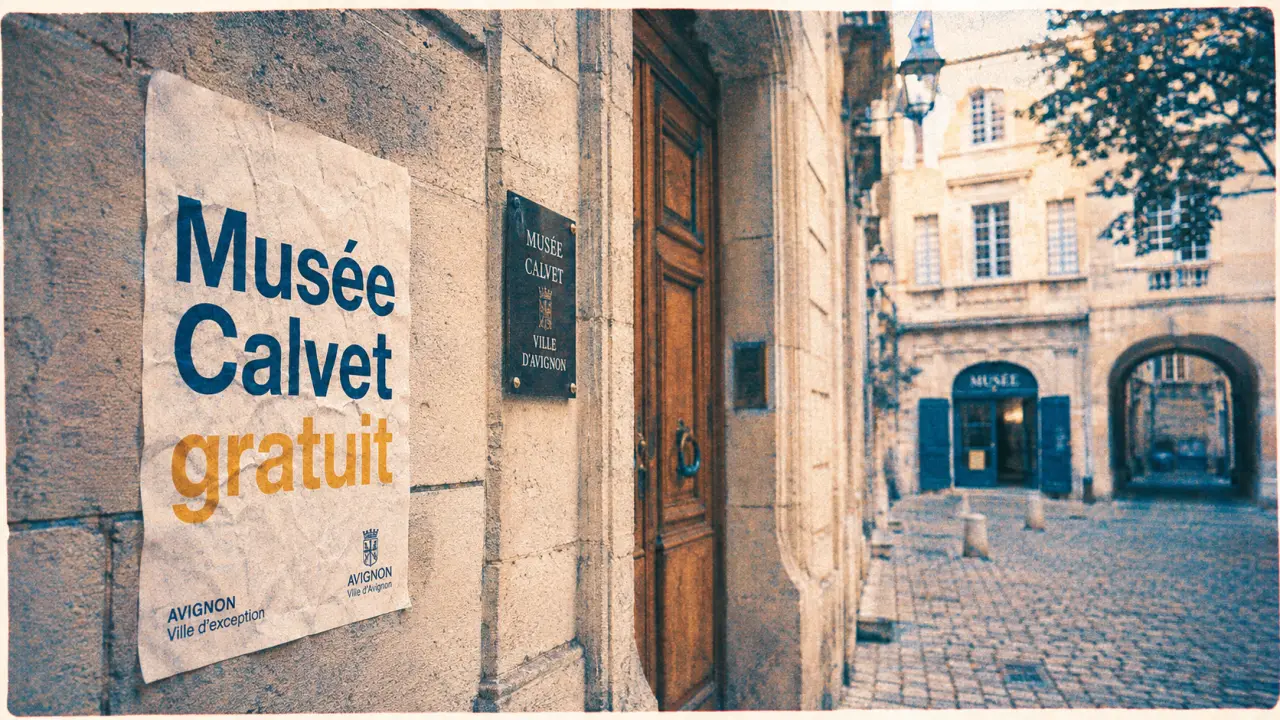 Musées avignon gratuits : affiche Musée Calvet dans une ruelle d’Avignon