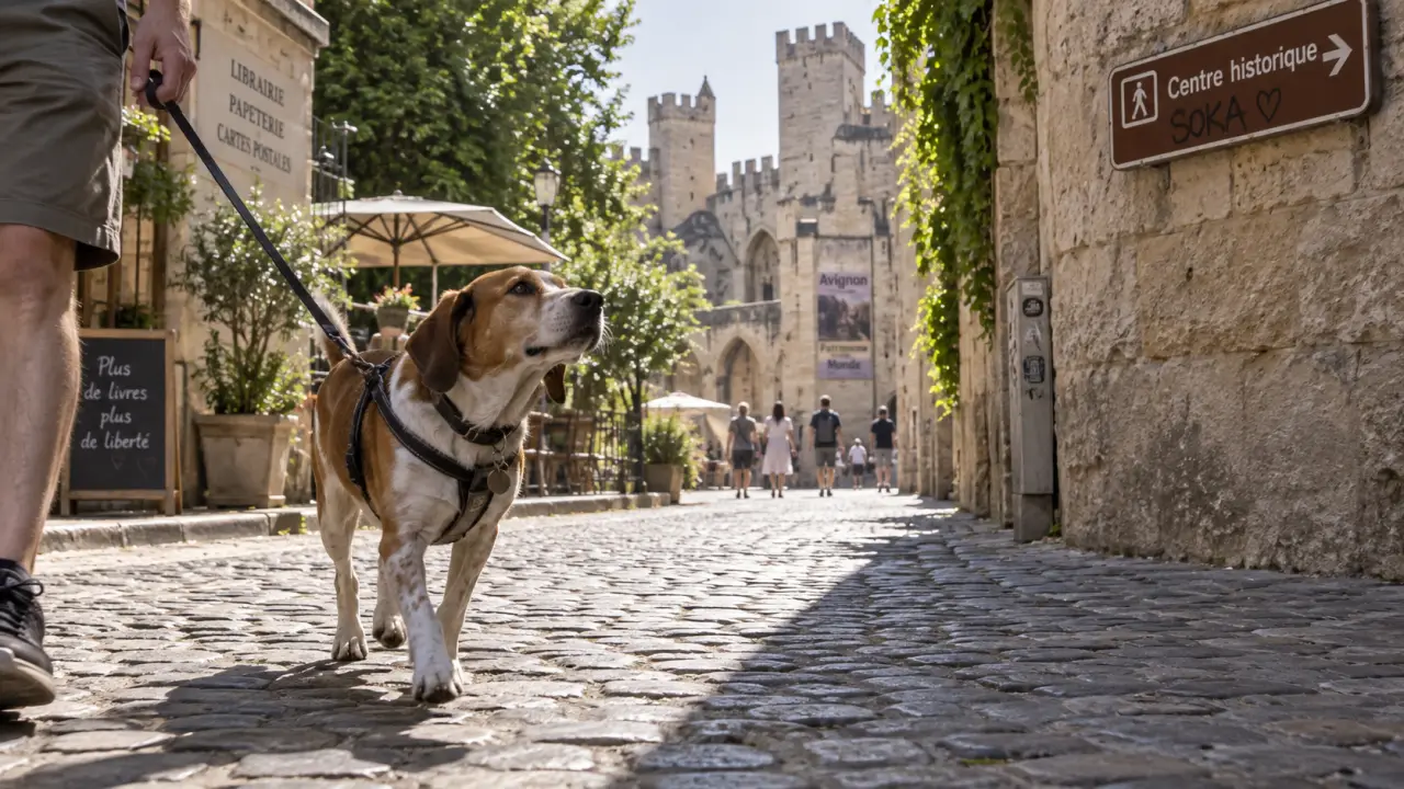Visiter Avignon avec un chien dans une ruelle pavée, en laisse