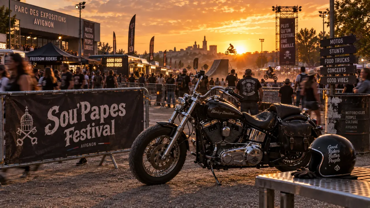 Soupape festival avignon : moto custom au Parc des Expositions, photo golden hour